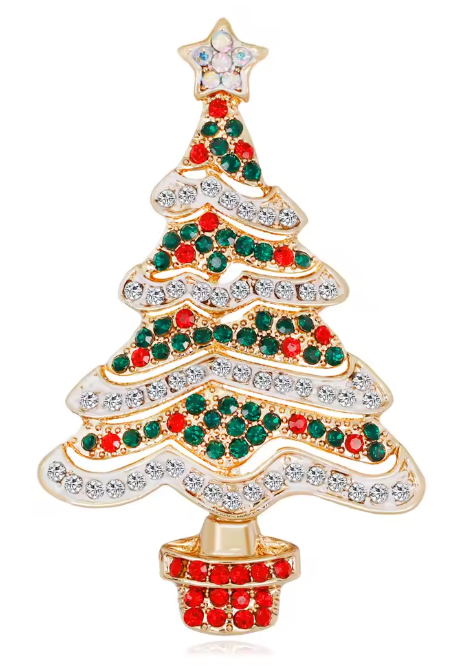 Serenity Gems™ Christmas Tree Brooch Pin – Red, Green, and Clear Rhinestone Evergreen Tree with Star Topper
