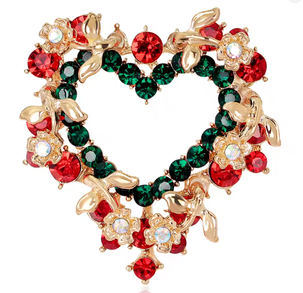 Serenity Gems™ Christmas Heart Wreath Brooch Pin – Red and Green Rhinestone Heart with Gold-Tone Floral Accents