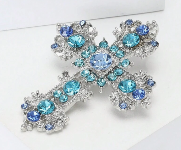 Blue Crystal Cross Brooch By Serenity Gems