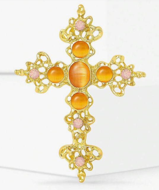 Golden Amber Crystal Cross Brooch By Serenity Gems