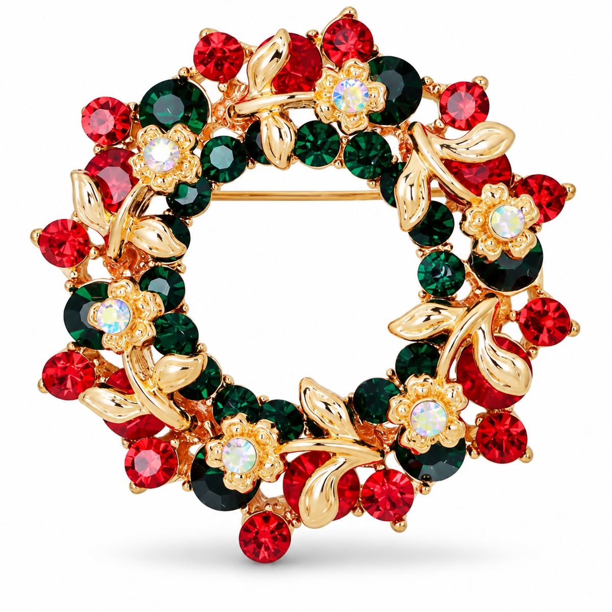 Serenity Gems™ Christmas Wreath Brooch Pin – Red and Green Rhinestone Holiday Wreath with Gold-Tone Floral Accents
