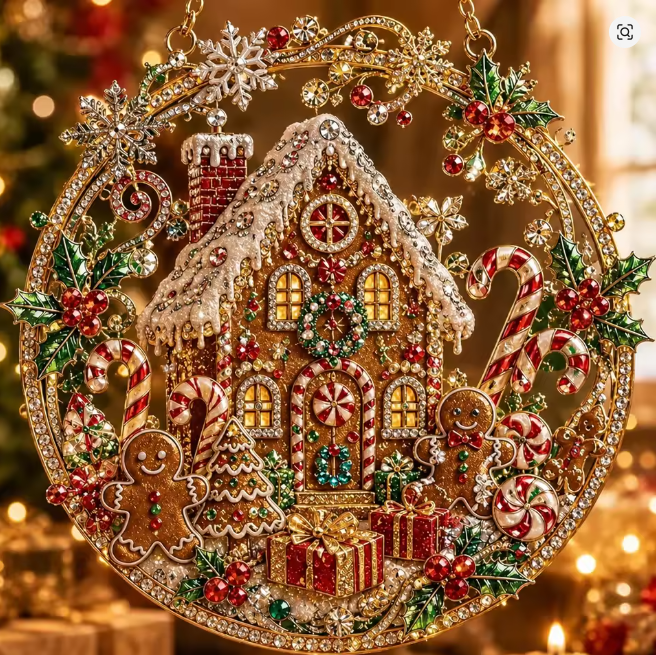 Santa’s Creations Enchanted Gingerbread House Jeweled Christmas – Festive Candy Cane & Gingerbread Holiday Hanging Display Item #694172