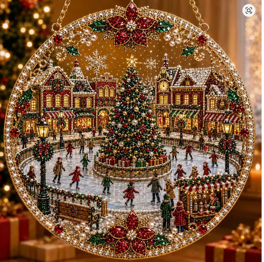 Santa’s Creations Enchanted Christmas Village Ice Skating Square Jeweled Holiday Hanging Display  Item #771275