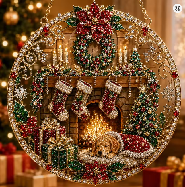 Santa’s Creations Elegant Christmas Fireplace & Sleeping Puppy Jeweled Holiday Hanging Display  Item #93527