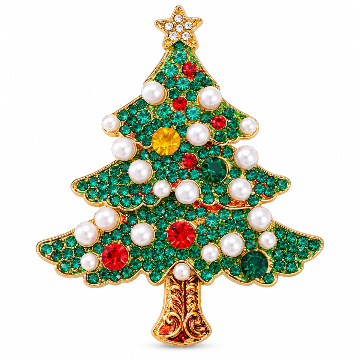 Santa’s Creations™ Green Christmas Tree Brooch Pin, Rhinestone Holiday Jewelry with Pearl-Like Ornaments and Gold-Tone Details, Festive Christmas Accessory   Item #682214