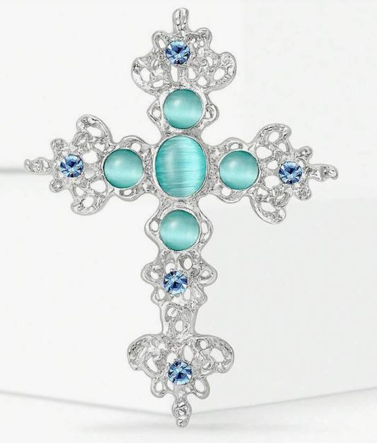 Turquoise Crystal Cross Brooch By Serenity Gems  Item #141518